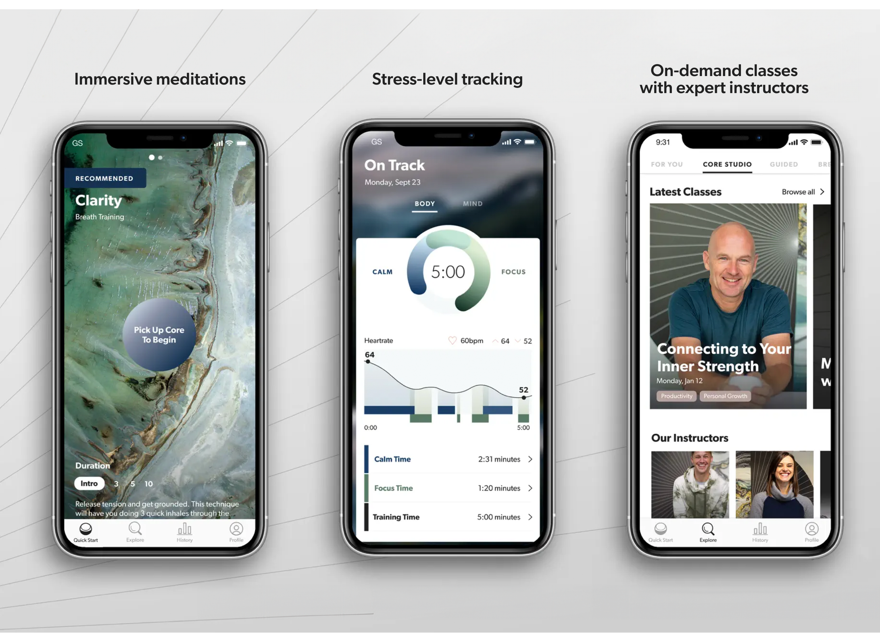 Three images of the Core mobile app demonstrating immersive meditations, stress-level tracking and on-demand classes with expert instructors.