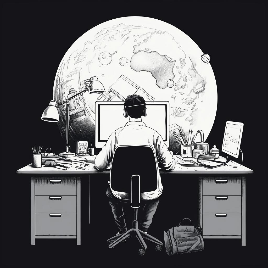Illustration of a man at desk desk working on his blog thinking about the vast world of tech